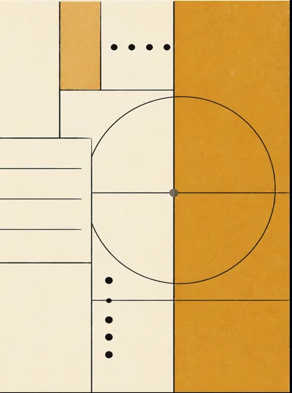 A modular ledger of transaction marks and cells meets a large balancing dial beside an ochre field.