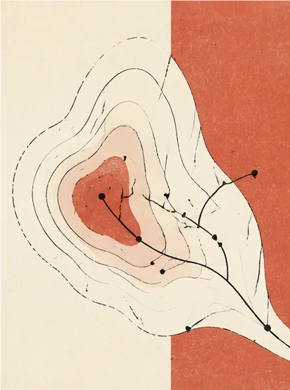 Abstract wildfire perimeters branching across an ivory and ember-red field.