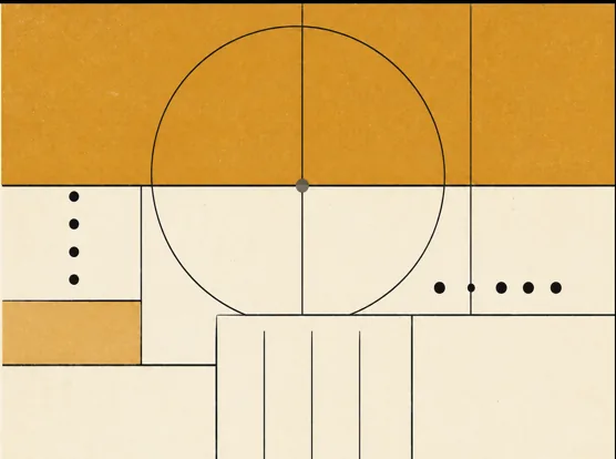 A modular ledger of transaction marks and cells meets a large balancing dial beside an ochre field.