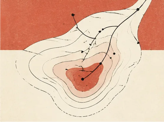 Abstract wildfire perimeters branching across an ivory and ember-red field.