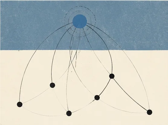 Abstract airport nodes converging on a blue detection ring.