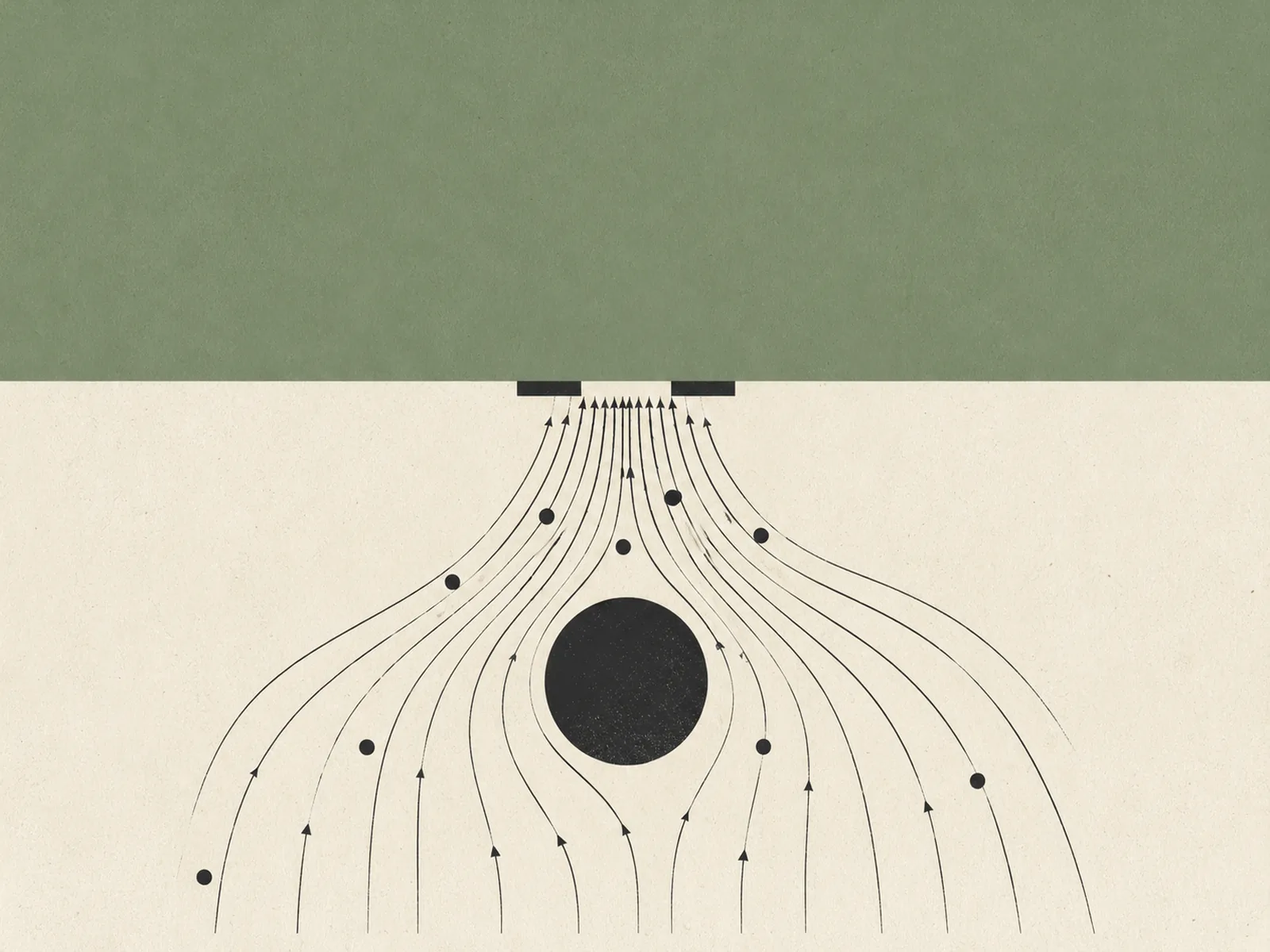 Abstract crowd-flow streamlines splitting around a dark pillar and converging on a narrow exit beside a muted sage field.