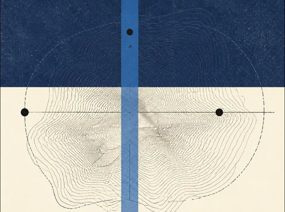 A guilloche contour is crossed by a blue scanner band and sparse registration marks beside an indigo field.