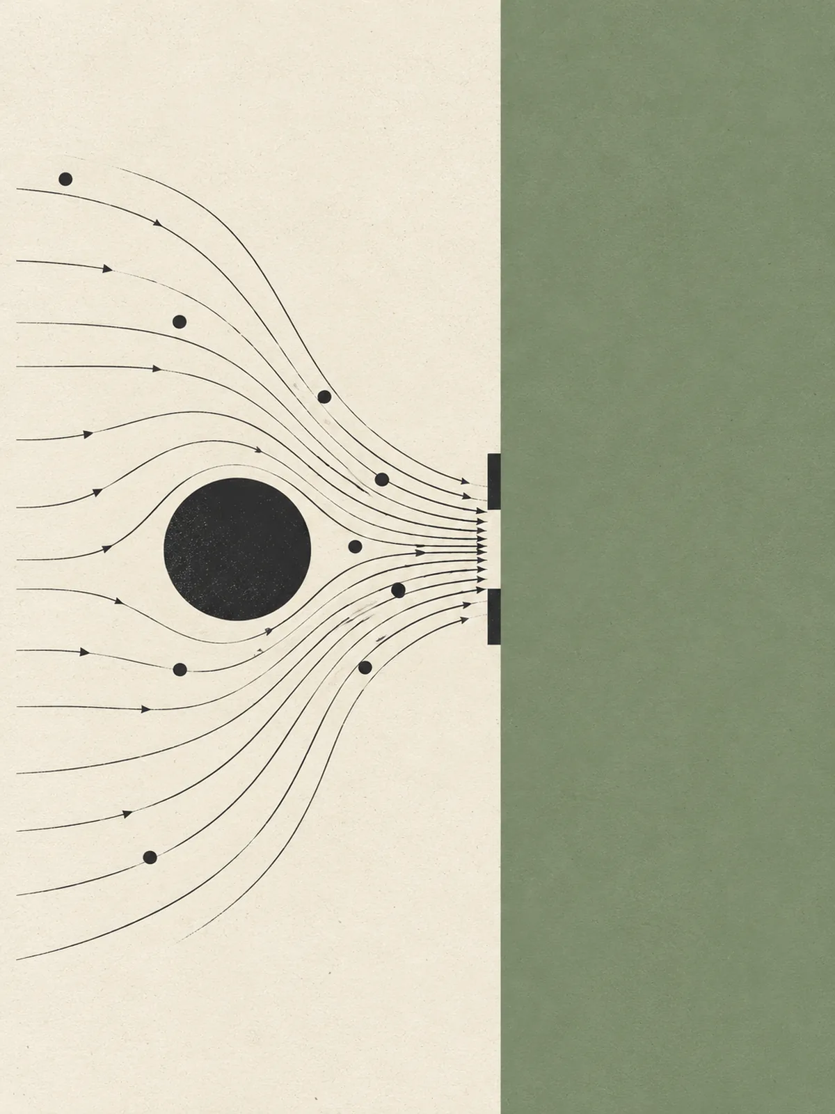 Abstract crowd-flow streamlines splitting around a dark pillar and converging on a narrow exit beside a muted sage field.