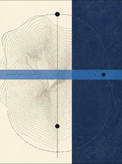 A guilloche contour is crossed by a blue scanner band and sparse registration marks beside an indigo field.
