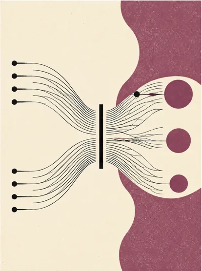 Two abstract information streams pass through a classifier and form three clusters.