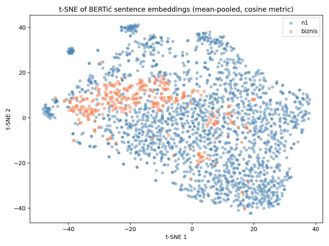 A t-SNE projection of 2,304 frozen BERTić article embeddings, with N1 broadly dispersed and Biznis forming tighter clusters.